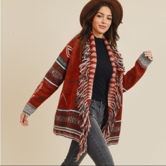 🔥 LAST 1!🔥 Boho Aztec Print Fringe Detail Cardigan - Picture 6 of 15